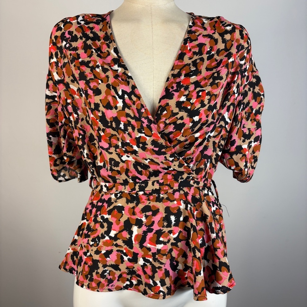 Joseph Ribkoff Pink Leopard Print Faux Wrap Blouse | Peplum Belt V-Neck Top 2